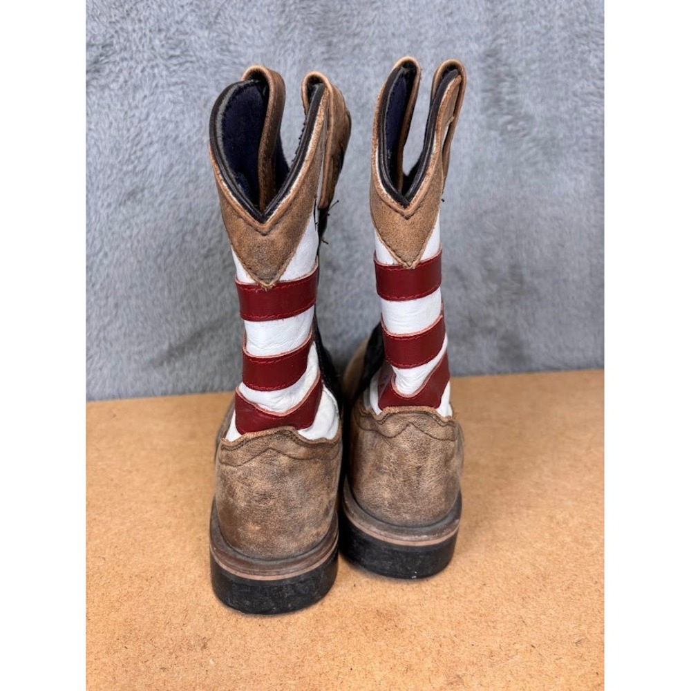 Kids American Flag Western Cowboy Boots Brown Leather Square Toe Stars Stripes - Picture 10 of 10